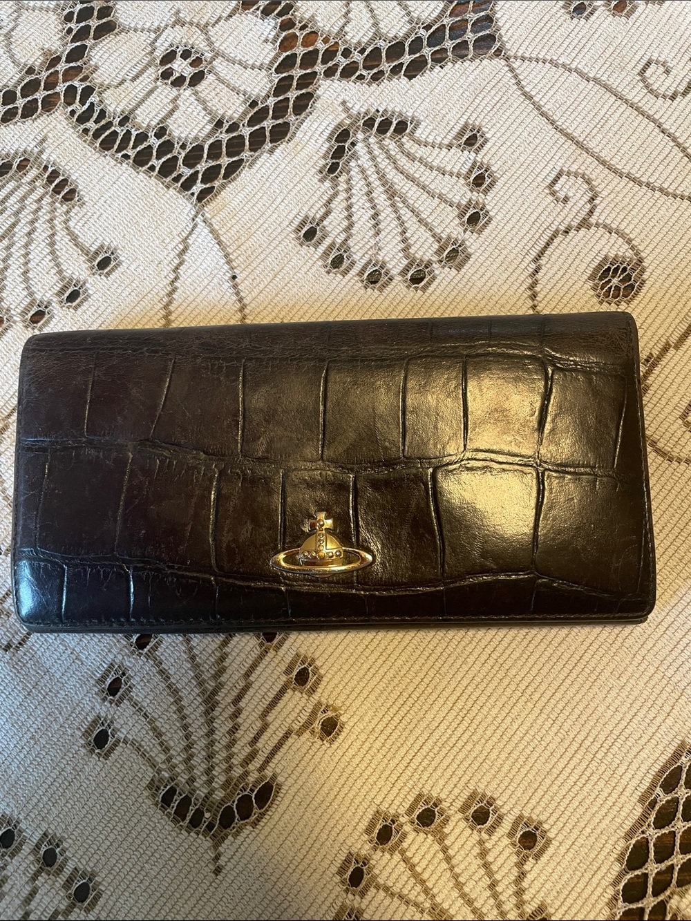 Vivienne Westwood Dark Brown Croc-Embossed Continental Wallet with Gold Orb